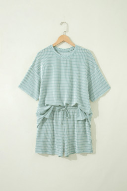 Green Stripe Raised Rib Loose Tee Drawstring Elastic Waist 2pcs Short Set