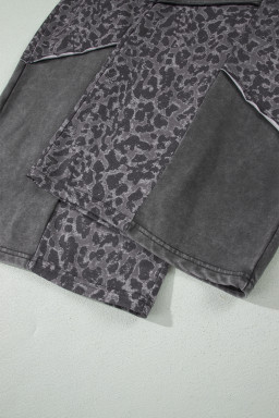 Dark Grey Plus Size Leopard Patchwork Mineral Wash Wide Leg Pants