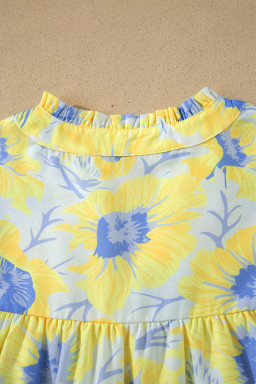 Yellow Short Bubble Sleeve Summer Floral Blouse