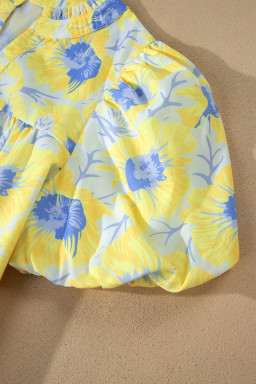 Yellow Short Bubble Sleeve Summer Floral Blouse