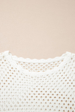 White Scalloped Trim Hollow Out Knit Long Sleeve Top
