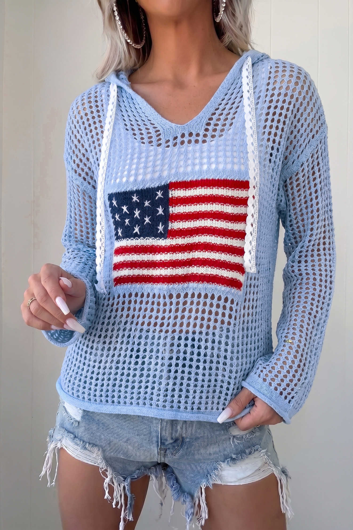 Beau Blue Hollow Out Crochet Knit American Flag Patched Sweater Hoodie
