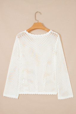 White Scalloped Trim Hollow Out Knit Long Sleeve Top