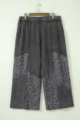 Dark Grey Plus Size Leopard Patchwork Mineral Wash Wide Leg Pants
