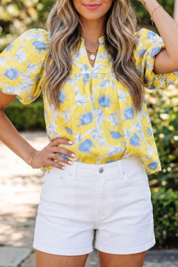 Yellow Short Bubble Sleeve Summer Floral Blouse