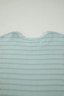 Green Stripe Raised Rib Loose Tee Drawstring Elastic Waist 2pcs Short Set