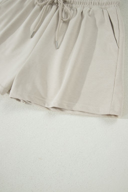 Smoke Gray Solid Color Puffy Loose Top Drawstring Shorts 2pcs Outfit