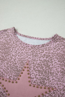 Pink Leopard Retro Studded Star Patch Loose Tee