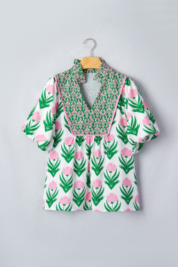 Multicolour Floral Print Puff Sleeve Contrast Bordered V Neck Blouse