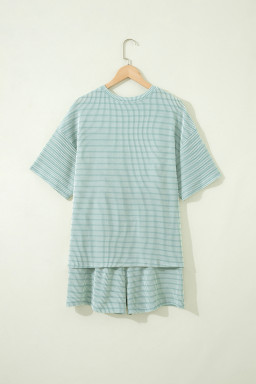 Green Stripe Raised Rib Loose Tee Drawstring Elastic Waist 2pcs Short Set