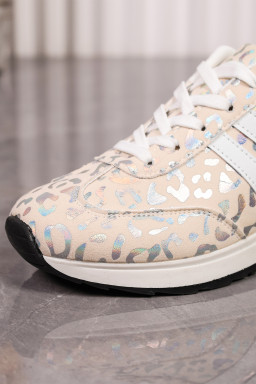White Leopard Print Lace-Up Low-Top Sneakers with Rubber Sole