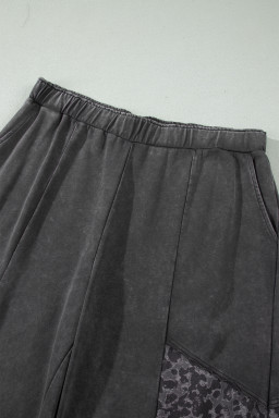 Dark Grey Plus Size Leopard Patchwork Mineral Wash Wide Leg Pants