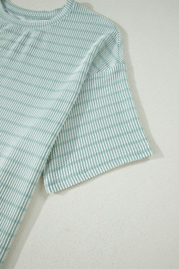 Green Stripe Raised Rib Loose Tee Drawstring Elastic Waist 2pcs Short Set