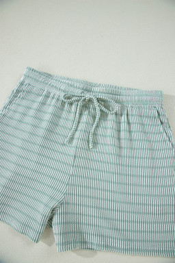 Green Stripe Raised Rib Loose Tee Drawstring Elastic Waist 2pcs Short Set