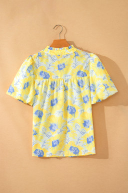 Yellow Short Bubble Sleeve Summer Floral Blouse