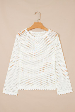 White Scalloped Trim Hollow Out Knit Long Sleeve Top