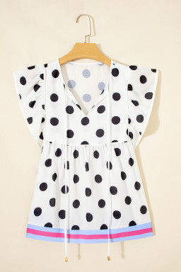 White Polka Dot Print Flutter Sleeve Striped Patchwork Babydoll Blouse