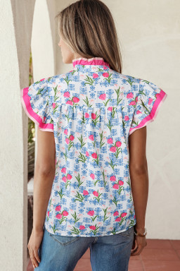 Rose Floral Print Color Block Striped Trim Flutter Sleeve Half Button Blouse