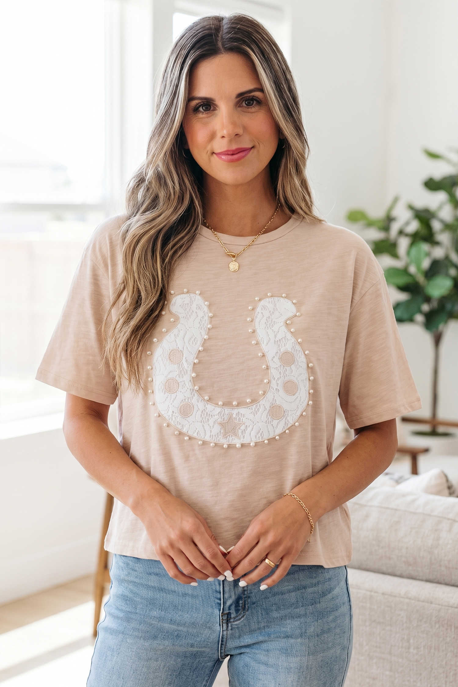 Smoke Gray Lace Pearled Decor Horse Shoe Graphic Western T Shirt