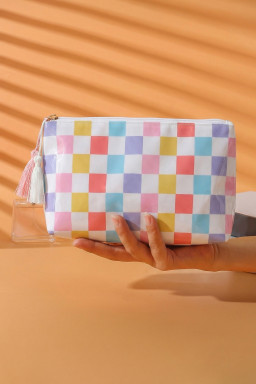 Red Checkered Vinyl Waterproof Tassel Zipper Makeup Bag