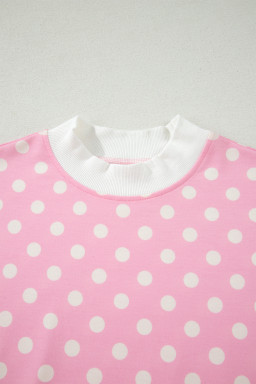 Pink Polka Dot Print Color Block Trim Mock Neck Short Set