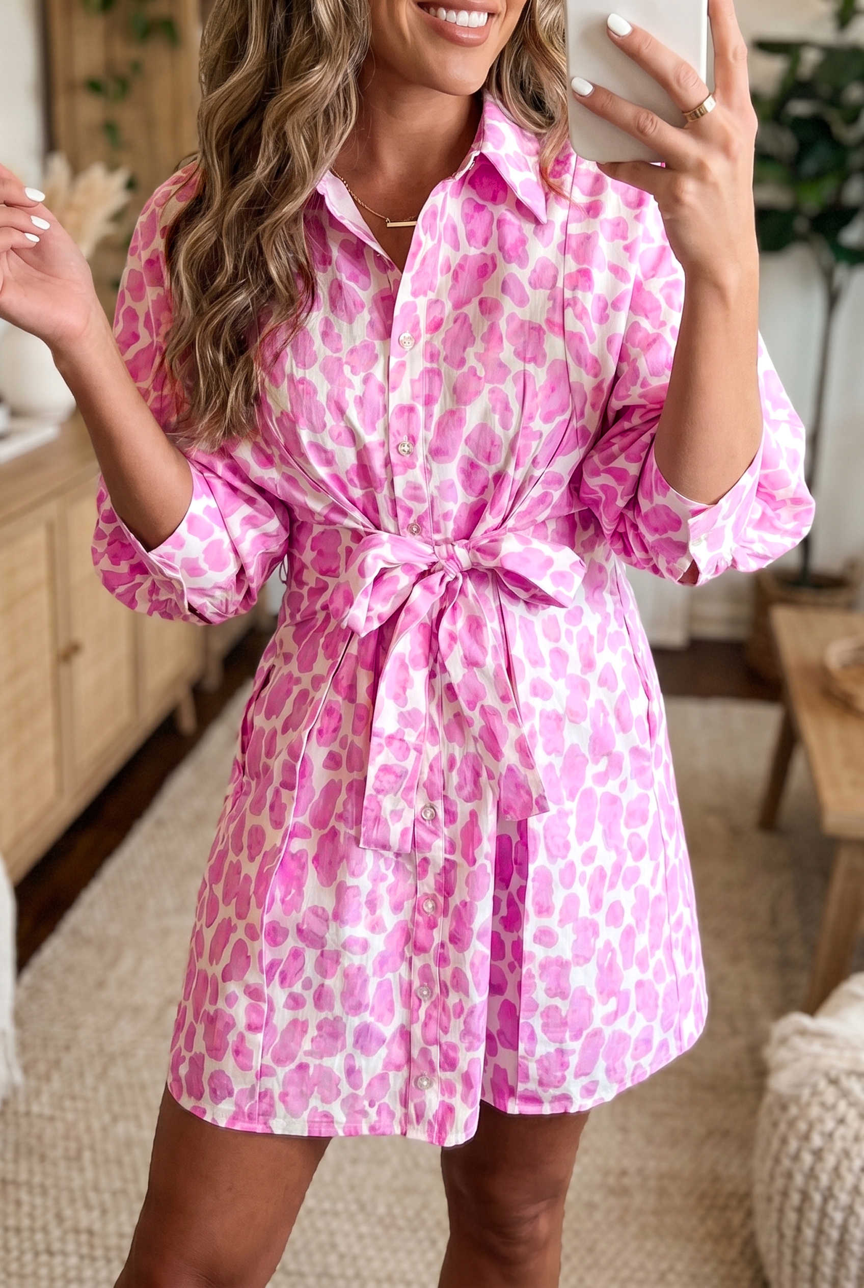 Pink Abstract Leopard Print Mini Dress Tie Waist Cuff Gathered Shift Dress
