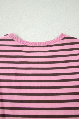 Rose Stripe Striped V-Neck Ribbed Collar Cuff Gathering Puff Sleeve Top