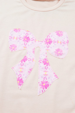 Apricot Daisy Floral Bow Contrast Patchwork Loose T Shirt