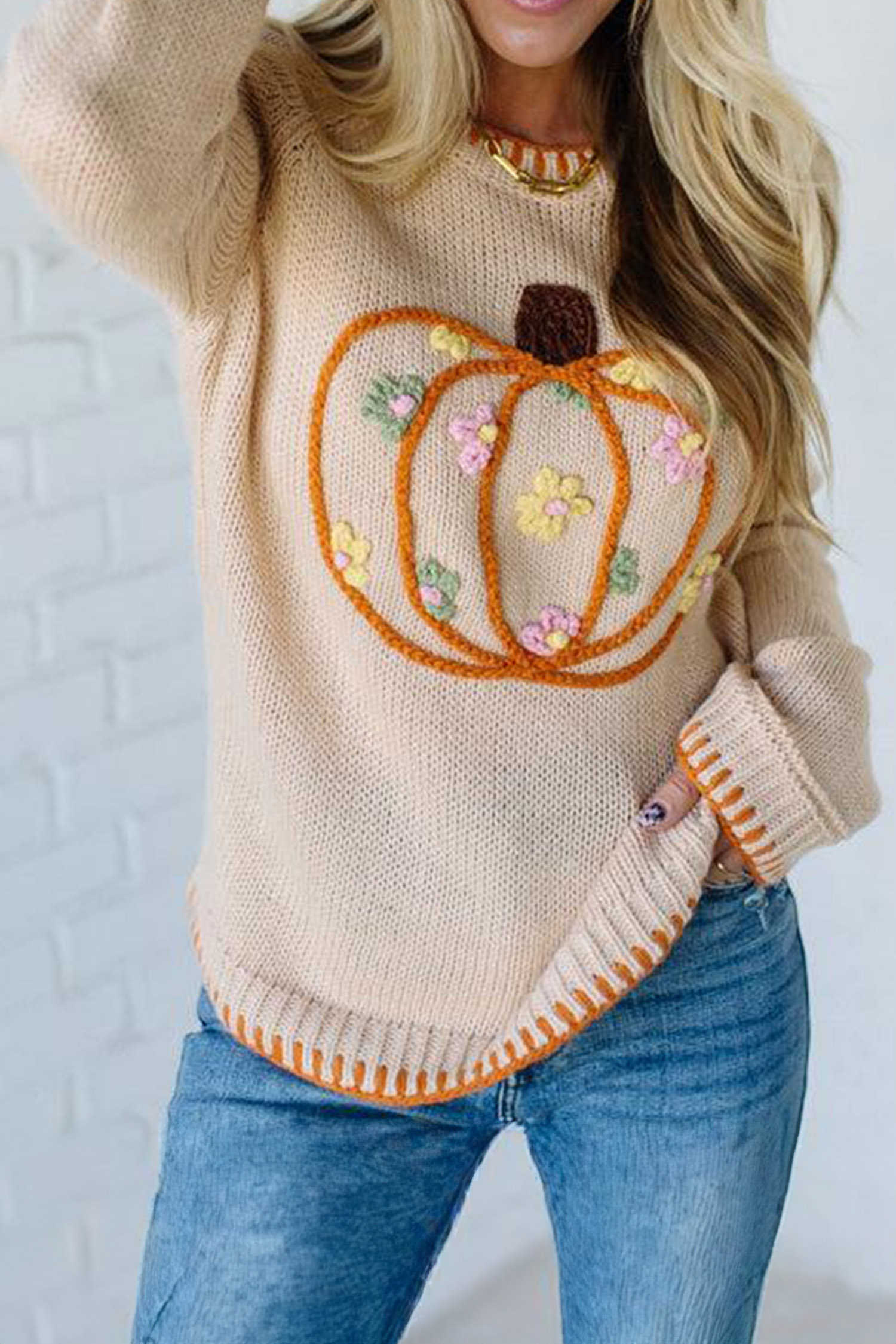 Parchment Stitched Trim Pumpkin Sweater