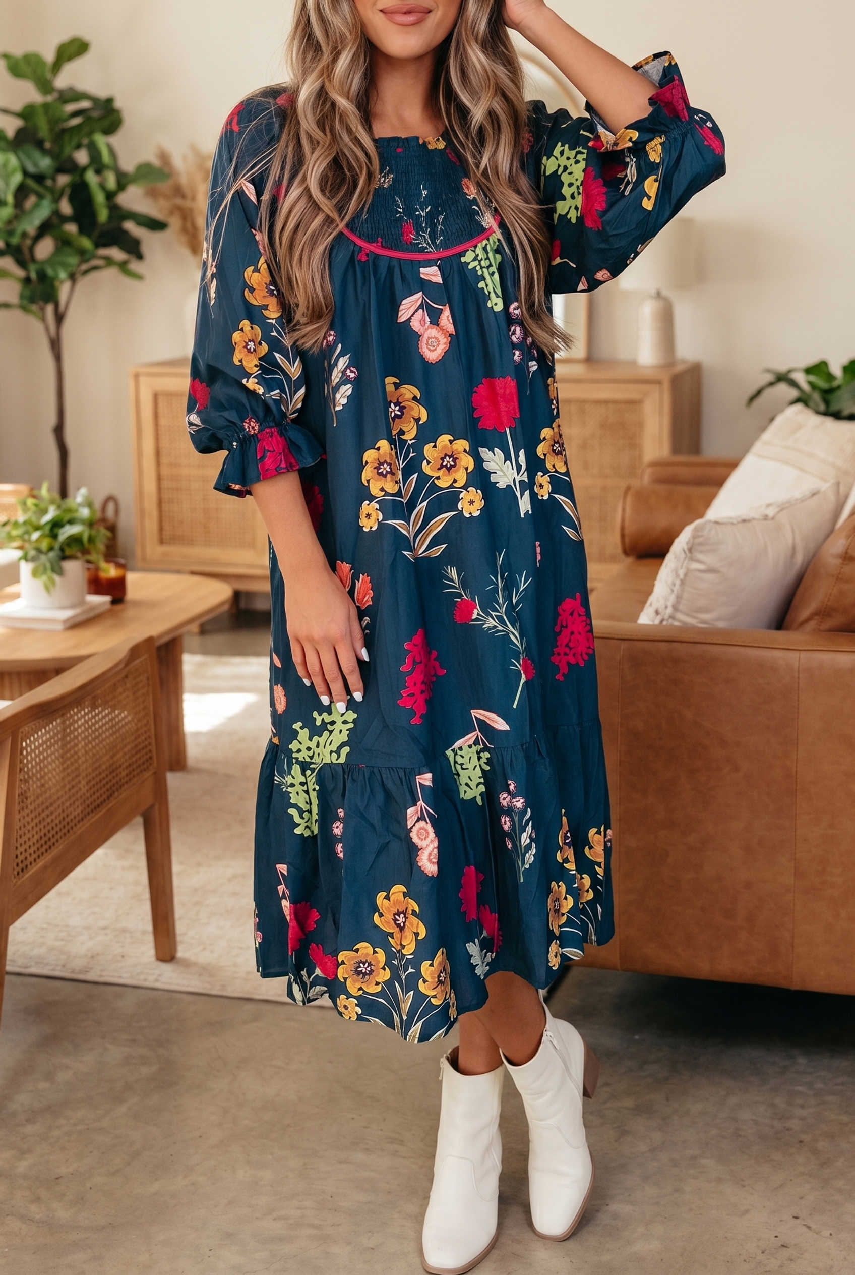 Blue Floral Print Long Dress with Ruffle Sleeves Gathered Hem Casual Shift Silhouette