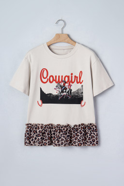 White Retro COWGIRL Print Leopard Ruffle Hem Patchwork T Shirt