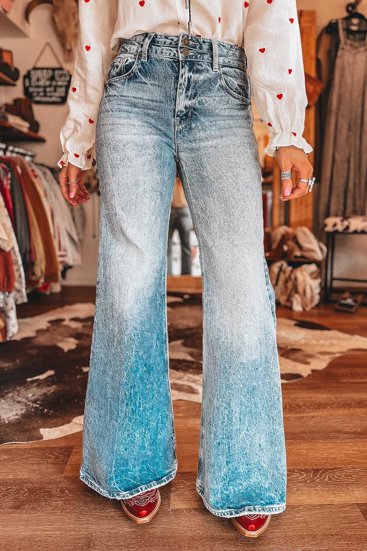 Beau Blue Acid Wash Flare Jeans Pocket Detail Casual Full Length Denim Pants