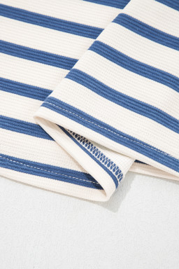 Blue Stripe Short Puff Sleeve Color Block Polo Collar Blouse