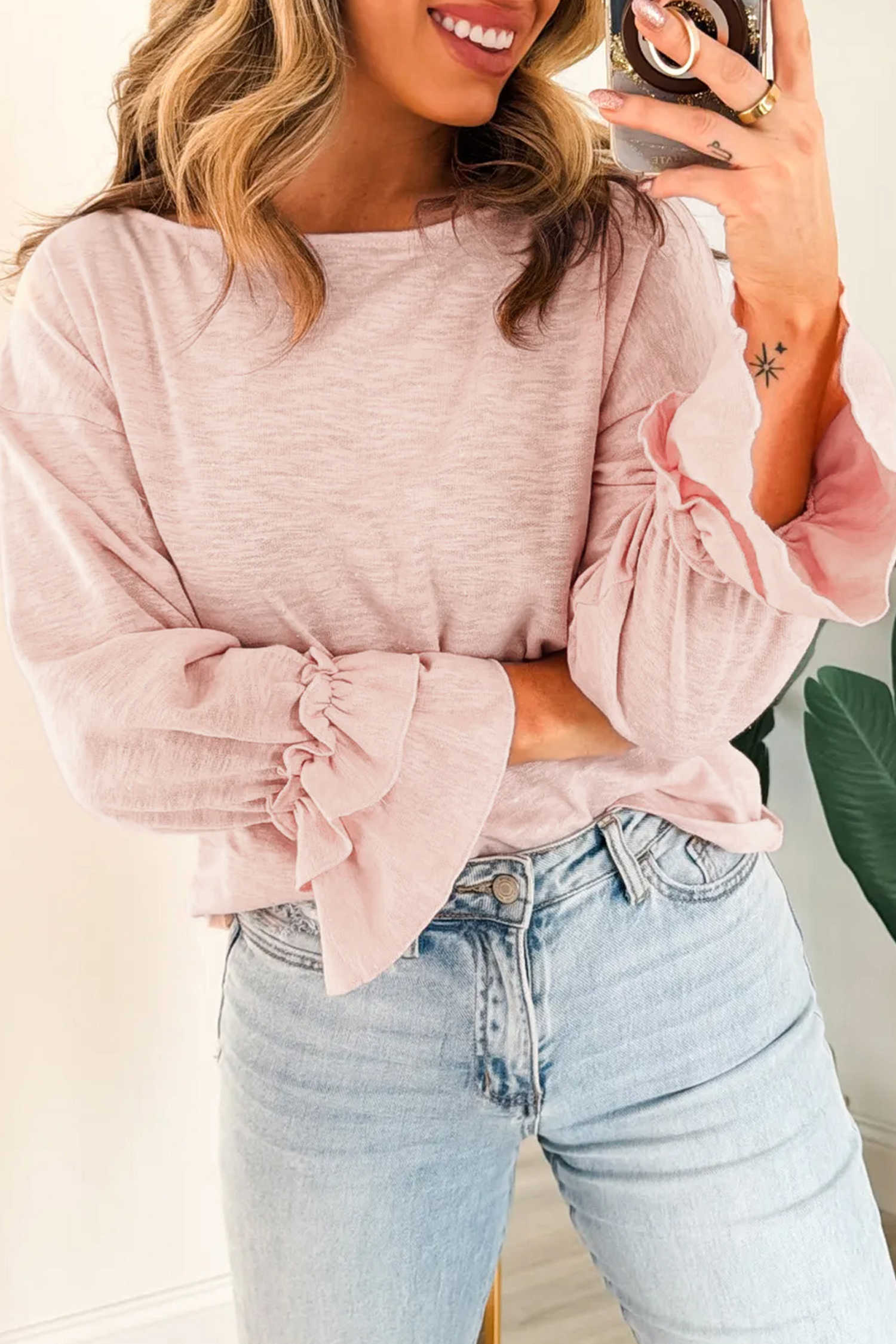 Gossamer Pink Long-Sleeve Pullover with Ruffled Sleeves