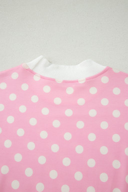 Pink Polka Dot Print Color Block Trim Mock Neck Short Set