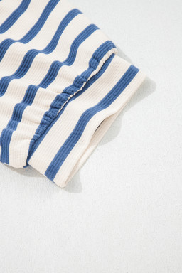 Blue Stripe Short Puff Sleeve Color Block Polo Collar Blouse