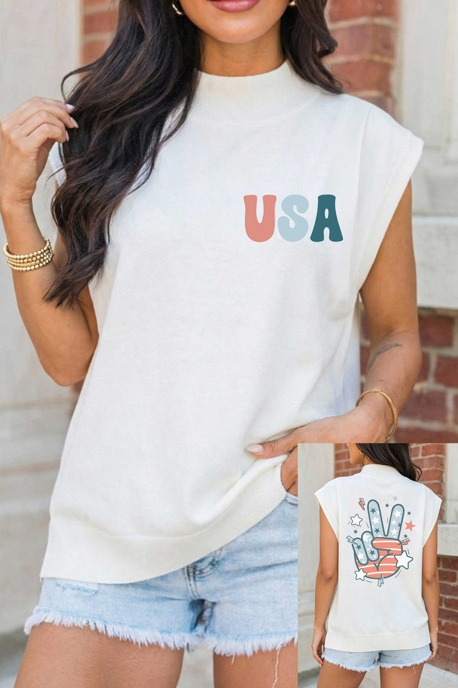 White USA/ Patriotic Victory Double Side Printed Mock Neck Tee