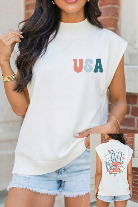 White USA/ Patriotic Victory Double Side Printed Mock Neck Tee