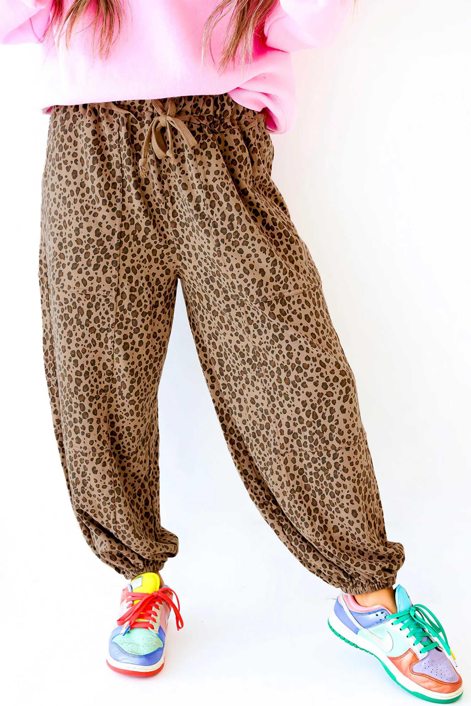 Khaki Leopard Print Harem Pants with Drawstring Waist and Side Pockets Western Style