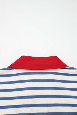 Blue Stripe Short Puff Sleeve Color Block Polo Collar Blouse