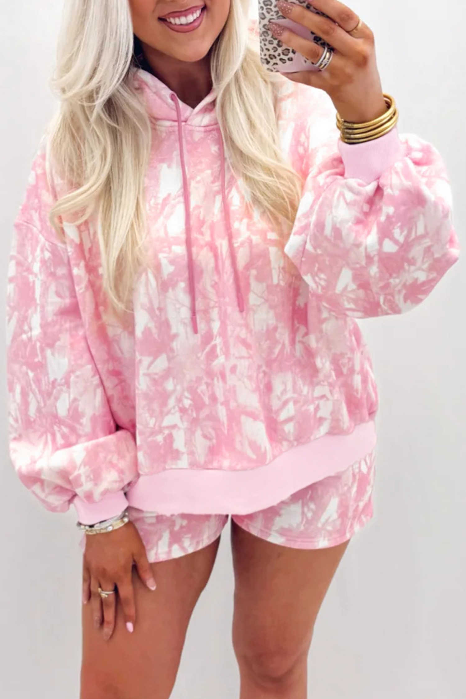 Pink Abstract Print Long Sleeve Pullover Hoodie and Shorts Set with Elastic Waistband