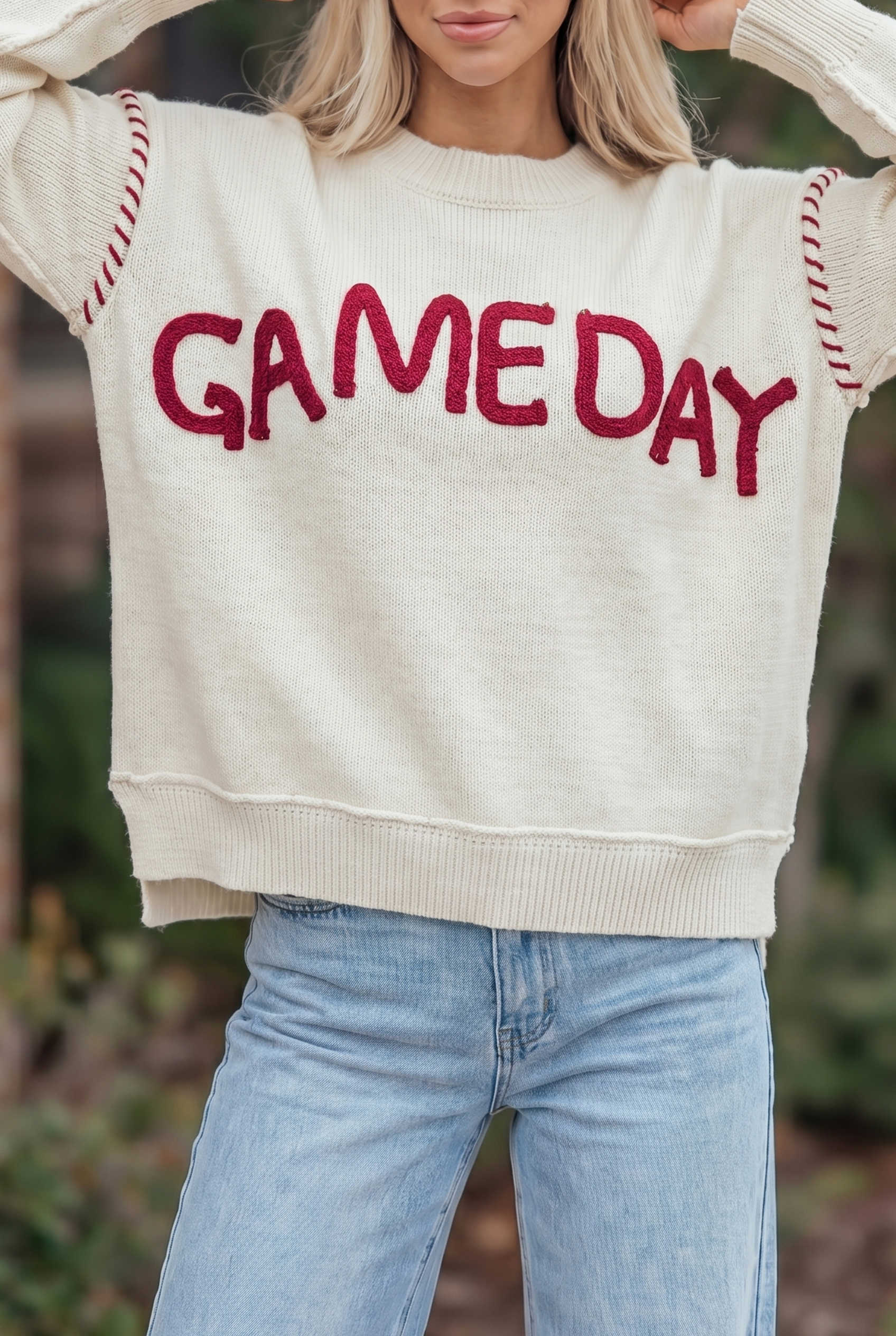 Beige Game Day Letter Print Round Neck Long Sleeve Casual Pullover Sweater