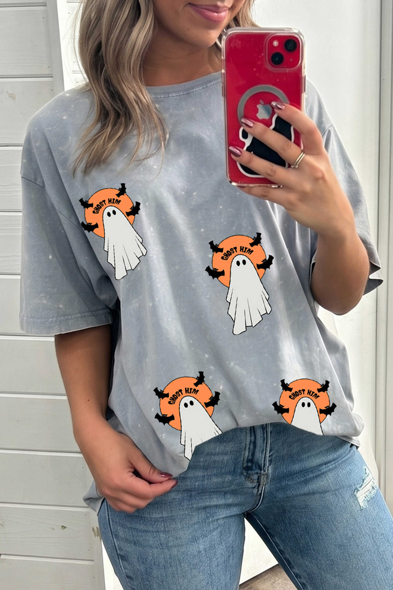 Orange Halloween Ghost Print Oversized Short Sleeve T-Shirt Casual Daily Wear Top