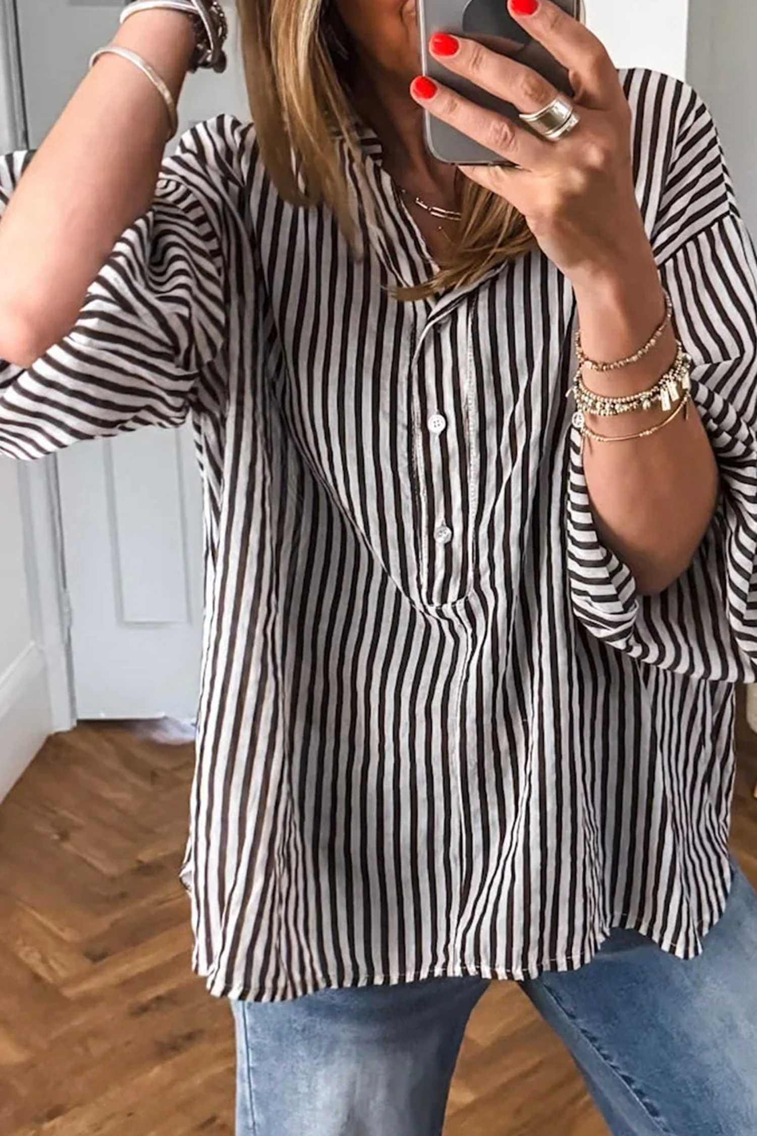 Black Stripe Cotton Stripe Blouse