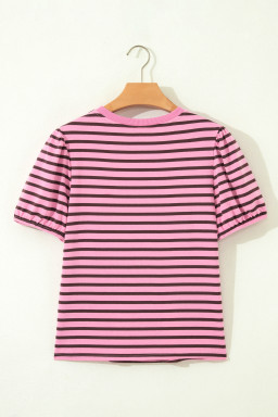 Rose Stripe Striped V-Neck Ribbed Collar Cuff Gathering Puff Sleeve Top