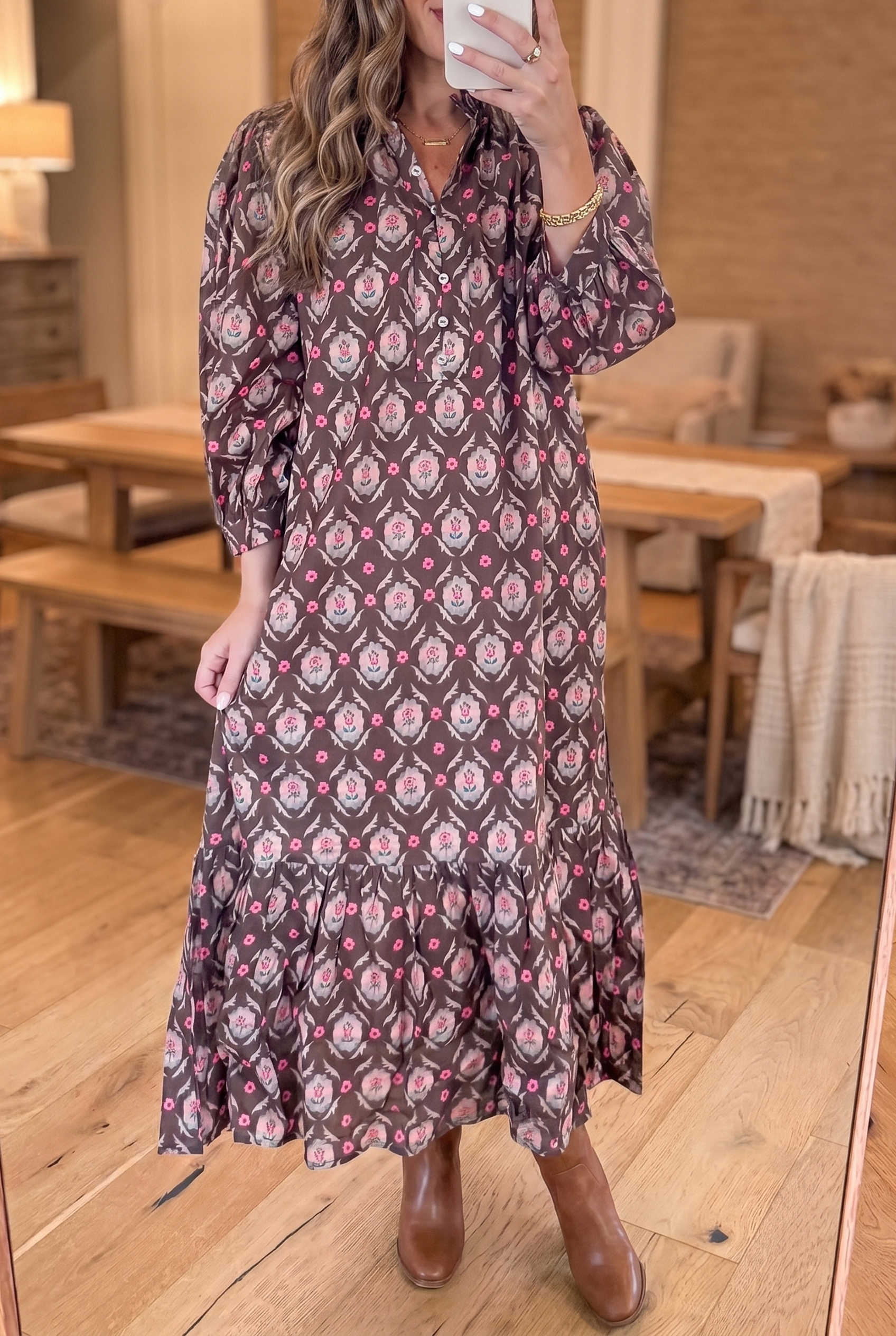 Brown Floral Geometric Print Shift Dress Stand Neck Button Ruffle 7/8 Sleeve Midi Vintage Daily Wear