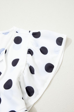 White Polka Dot Print Flutter Sleeve Striped Patchwork Babydoll Blouse