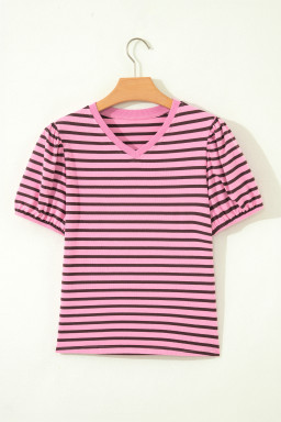 Rose Stripe Striped V-Neck Ribbed Collar Cuff Gathering Puff Sleeve Top