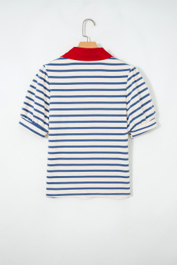 Blue Stripe Short Puff Sleeve Color Block Polo Collar Blouse