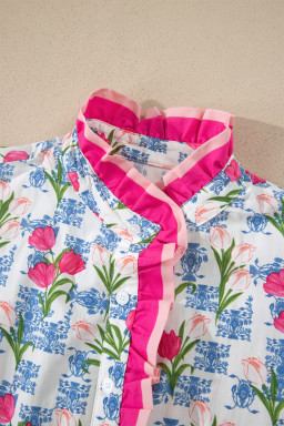 Rose Floral Print Color Block Striped Trim Flutter Sleeve Half Button Blouse